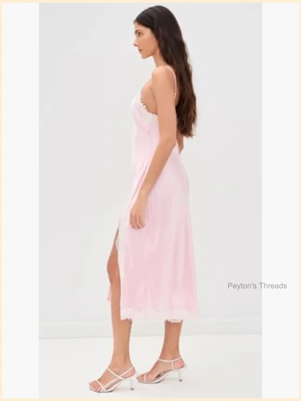 Silk Midi Dress with Floral Lace Trim - A-Line Sweetheart Neck - Picture 4 of 6